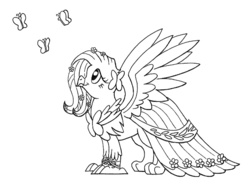 Size: 700x526 | Tagged: safe, artist:sovwi, fluttershy, griffon, g4, female, fluttergriffon, griffonized, lineart, monochrome, solo, species swap