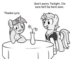 Size: 2268x1838 | Tagged: safe, artist:scritchy, lyra heartstrings, twilight sparkle, pony, unicorn, g4, date, duo, duo female, female, grayscale, mare, monochrome, unicorn twilight, waitress