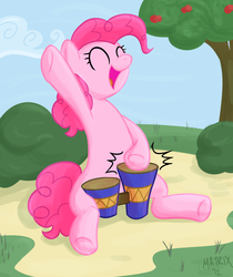 Size: 1308x1560 | Tagged: safe, artist:scritchy, pinkie pie, earth pony, pony, g4, ^^, bongos, drums, eyes closed, female, mare, musical instrument, open mouth, solo