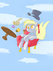 Size: 2472x3304 | Tagged: safe, artist:lendabit, derpy hooves, pegasus, pony, g4, armchair, chair, falling, female, hat, mare, muffin, pipe, solo, top hat