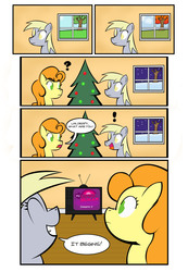 Size: 1557x2244 | Tagged: safe, artist:lendabit, carrot top, derpy hooves, golden harvest, pegasus, pony, g4, female, mare, my little human, role reversal, television, tv show