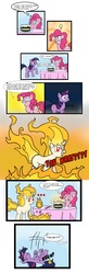 Size: 1224x3720 | Tagged: safe, artist:lendabit, pinkie pie, twilight sparkle, rapidash, g4, cake, comic, faint, mane of fire, rapidash twilight