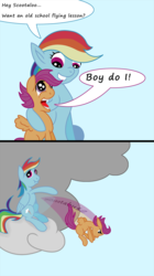 Size: 796x1418 | Tagged: safe, artist:philith, rainbow dash, scootaloo, g4, flying lesson, out of character, rainbow douche, scootabuse, this will not end well