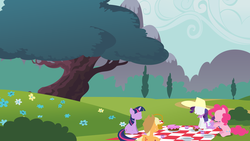 Size: 3200x1800 | Tagged: safe, artist:ceruleandraw, applejack, pinkie pie, rarity, twilight sparkle, g4, blanket, cake, cup, hat, minimalist, picnic, saucer, wallpaper