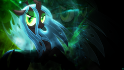 Size: 1920x1080 | Tagged: safe, artist:jennieoo, artist:kibbiethegreat, queen chrysalis, changeling, changeling queen, g4, crown, female, jewelry, reflection, regalia, show accurate, solo, vector, wallpaper