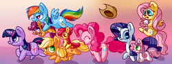 Size: 3500x1300 | Tagged: safe, artist:zoiby, angel bunny, apple bloom, applejack, fluttershy, pinkie pie, rainbow dash, rarity, scootaloo, sweetie belle, twilight sparkle, earth pony, pegasus, pony, unicorn, g4, apple bloom riding applejack, apple bloom's bow, applejack's hat, bow, chibi, cowboy hat, cute, cutie mark crusaders, female, filly, gradient background, hair bow, hat, holding a pony, mane six, mare, ponies riding ponies, riding, scootalove, siblings, simple background, sisters, unicorn twilight