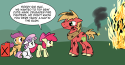 Size: 2599x1350 | Tagged: safe, artist:whatsapokemon, apple bloom, big macintosh, scootaloo, sweetie belle, earth pony, pegasus, pony, unicorn, g4, arson, cutie mark crusaders, female, filly, fire, gasoline, male, sitting, stallion, this will end in tears and/or death