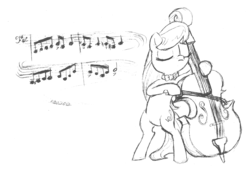 Size: 1919x1304 | Tagged: safe, artist:abronyaccount, octavia melody, earth pony, pony, g4, bipedal, cello, female, monochrome, music notes, musical instrument, sketch, solo