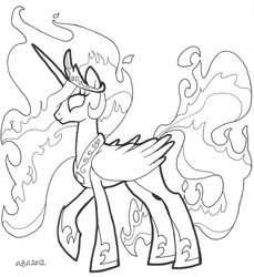 Size: 917x1000 | Tagged: safe, artist:abronyaccount, nightmare star, princess celestia, g4, concave belly, female, fire, lineart, monochrome, prime celestia, slender, solo, thin