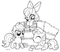 Size: 1062x929 | Tagged: safe, artist:abronyaccount, apple bloom, scootaloo, sweetie belle, g4, card, cutie mark crusaders, monochrome, trading card