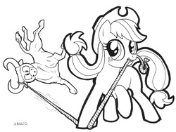 Size: 1329x1000 | Tagged: safe, artist:abronyaccount, applejack, bull, g4, lasso, lineart, monochrome