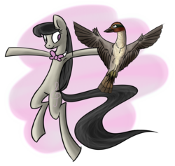 Size: 2115x2005 | Tagged: safe, artist:wolframclaws, octavia melody, bird, duck, earth pony, pony, g4, animal, ducktavia, duo, female, mare, simple background, spread wings, transparent background, wings