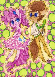 Size: 753x1062 | Tagged: dead source, safe, artist:jellybeanmouse, doctor whooves, pinkie pie, time turner, oc, anthro, g4, clothes, dress, pants, shirt, traditional art