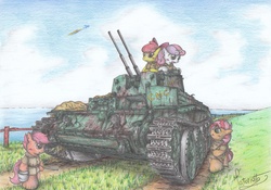 Size: 2332x1636 | Tagged: safe, artist:patoriotto, apple bloom, babs seed, rainbow dash, scootaloo, sweetie belle, earth pony, pony, g4, bipedal, crusader iii aa tank, cutie mark crusaders, pixiv, tank (vehicle)