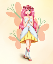 Size: 1000x1200 | Tagged: safe, artist:cosmicponye, fluttershy, human, g4, bare shoulders, clothes, cutie mark background, dress, eye clipping through hair, female, hair over one eye, humanized, light skin, one eye closed, solo, wink