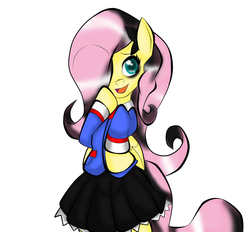 Size: 1220x1132 | Tagged: safe, artist:fourze-pony, fluttershy, g4, clothes, female, fluttergoth, goth, makeup, school uniform, skirt, solo, uniform