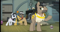 Size: 500x272 | Tagged: safe, screencap, biff, daring do, doctor caballeron, rogue (g4), withers, earth pony, pony, daring don't, g4, hat, henchmen, hub logo, hubble, male, new episode, rings of scorchero, stallion, sunglasses