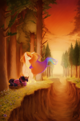 Size: 3397x5104 | Tagged: safe, artist:rouletteobsidian, princess celestia, twilight sparkle, alicorn, pony, g4, alternate hairstyle, flower, forest, glowing, resting, scenery, tree, twilight sparkle (alicorn), windswept mane
