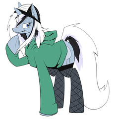 Size: 1500x1600 | Tagged: safe, artist:cymek, oc, oc only, oc:taylorpone, pony, unicorn, beanie, bedroom eyes, clothes, fishnet stockings, hat, hoodie, smirk, solo