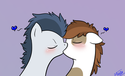 Size: 2668x1628 | Tagged: safe, artist:vigilantefreak, pipsqueak, rumble, pony, g4, blushing, duo, eyes closed, floppy ears, gay, heart, kiss on the lips, kissing, lavender background, male, rumbsqueak, shipping, signature, simple background