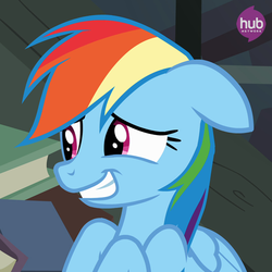Size: 548x548 | Tagged: safe, screencap, rainbow dash, pegasus, pony, daring don't, g4, official, cute, dashabetes, female, floppy ears, grin, hub logo, hubble, mare, smiling, solo, squee
