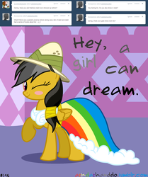 Size: 1280x1531 | Tagged: safe, artist:drumblastingquilava, daring do, g4, ask, askdashanddo, blushing, clothes, dress, female, gala dress, solo, tumblr