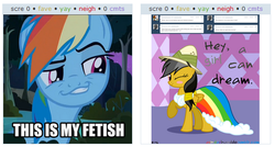 Size: 585x313 | Tagged: safe, daring do, rainbow dash, derpibooru, daring don't, g4, my little pony: friendship is magic, exploitable meme, juxtaposition, juxtaposition win, meme, meta