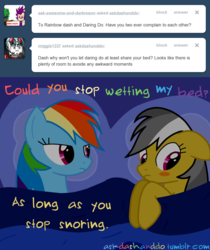 Size: 1280x1524 | Tagged: safe, artist:drumblastingquilava, daring do, rainbow dash, g4, ask, askdashanddo, bed, blushing, implied bedwetting, tumblr