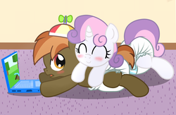 Size: 2000x1300 | Tagged: safe, artist:fillyscoots42, button mash, sweetie belle, earth pony, pony, unicorn, g4, blushing, buttonbetes, colt, cute, diaper, diasweetes, female, filly, male, minecraft, non-baby in diaper, poofy diaper, ship:sweetiemash, shipping, straight