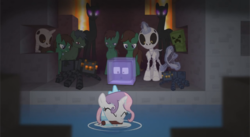 Size: 873x480 | Tagged: safe, sweetie belle, enderman, enderpony, giant spider, pony, skeleton pony, slime monster, spider, unicorn, zombie, don't mine at night, g4, bone, cave spider, creeper, diamond pickaxe, endermane, magic, magic aura, minecraft, mouth hold, pickaxe, ponified, skeleton, slime (minecraft), telekinesis, wet mane