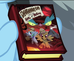 Size: 1298x1080 | Tagged: safe, daring do, rainbow dash, daring don't, g4, book, daring do and the ring of destiny, duo, female