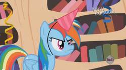 Size: 640x354 | Tagged: safe, screencap, rainbow dash, daring don't, g4, exploitable, face, faic, female, hat, party hat, solo