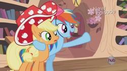 Size: 1016x568 | Tagged: safe, screencap, applejack, rainbow dash, earth pony, pegasus, pony, daring don't, g4, season 4, apple hat, duo, female, golden oaks library, hat, mare, party hat, party stetson