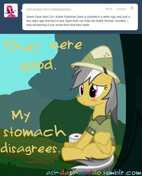 Size: 663x821 | Tagged: safe, artist:drumblastingquilava, daring do, pegasus, pony, g4, ask, askdashanddo, blushing, embarrassed, female, implied diarrhea, mare, solo, toilet paper, tumblr