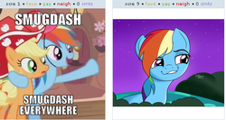 Size: 507x270 | Tagged: safe, applejack, rainbow dash, derpibooru, daring don't, g4, my little pony: friendship is magic, apple hat, exploitable meme, hat, juxtaposition, juxtaposition win, meme, meta, party stetson, smug, smugdash