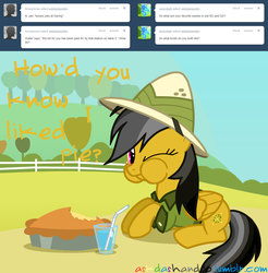 Size: 1280x1301 | Tagged: safe, artist:drumblastingquilava, daring do, g4, ask, askdashanddo, eating, female, food, pie, puffy cheeks, solo, tumblr