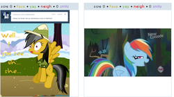 Size: 500x280 | Tagged: safe, daring do, rainbow dash, derpibooru, daring don't, g4, my little pony: friendship is magic, exploitable meme, juxtaposition, juxtaposition win, meme, meta