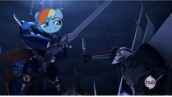 Size: 853x480 | Tagged: safe, rainbow dash, daring don't, g4, armor, bipedal, clash of hasbro's titans, disguise, dreadwing, hub logo, infiltration, infiltrator, smugdash, starscream, starscream vs rainbow dash, traitor, transformers, transformers prime