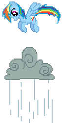 Size: 132x260 | Tagged: safe, artist:flofflewoffle, rainbow dash, pegasus, pony, friendship is magic, g4, animated, cloud, desktop ponies, female, jumping, looking down, on a cloud, pixel art, rain, simple background, solo, transparent background