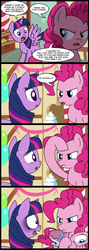 Size: 711x2000 | Tagged: safe, artist:madmax, pinkie pie, twilight sparkle, alicorn, earth pony, pony, g4, comic, costume, disguise, exclamation point, female, interrobang, mare, onomatopoeia, question mark, twilight sparkle (alicorn), zipper