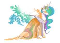 Size: 2100x1494 | Tagged: safe, artist:tiffanymarsou, princess celestia, g4, clothes, concave belly, dress, ethereal mane, ethereal tail, eyes closed, eyeshadow, female, hoof shoes, long dress, makeup, princess shoes, slender, solo, starry mane, starry tail, tail, tall, thin
