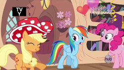 Size: 1024x576 | Tagged: safe, applejack, pinkie pie, rainbow dash, daring don't, g4, my little pony: friendship is magic, apple hat, balloon, fez, hat, national random holiday party day, party stetson, scrunchy face