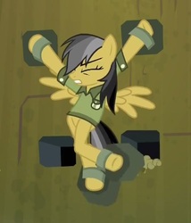 Size: 678x792 | Tagged: safe, screencap, daring do, pegasus, pony, daring don't, g4, my little pony: friendship is magic, season 4, animation error, deathtrap, eyes closed, female, fortress of talacon, incorrect leg anatomy, mare, restrained, solo