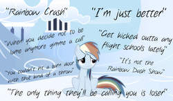 Size: 1858x1088 | Tagged: safe, artist:derp1a, rainbow dash, g4, disembodied thoughts, female, insult, loser, quote, sad, solo