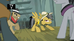 Size: 384x216 | Tagged: safe, screencap, biff, daring do, rogue (g4), withers, earth pony, pegasus, pony, daring don't, g4, animated, female, group, henchmen, hub logo, hubble, male, mare, quartet, ring, rings of scorchero, stallion, the hub