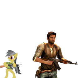 Size: 8100x8100 | Tagged: safe, daring do, human, pegasus, pony, g4, absurd resolution, ak-47, female, gun, male, mare, nathan drake, simple background, transparent background, uncharted