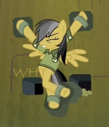 Size: 678x792 | Tagged: safe, edit, daring do, daring don't, g4, 1000 hours in ms paint, deathtrap, eyes closed, female, fortress of talacon, incorrect leg anatomy, ms paint, restrained, solo