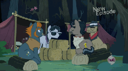 Size: 384x216 | Tagged: safe, screencap, biff, daring do, doctor caballeron, rogue (g4), withers, earth pony, pegasus, pony, daring don't, g4, animated, bits, eating, hay, hay bale, henchmen, horses doing horse things, hub logo, hubble, male, money, stallion, the hub