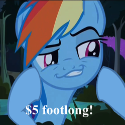 Size: 598x600 | Tagged: safe, edit, edited screencap, screencap, rainbow dash, daring don't, g4, female, image macro, smugdash, solo, subway (restaurant)