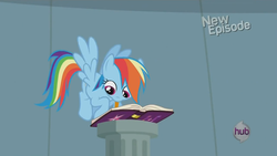 Size: 1141x642 | Tagged: safe, screencap, rainbow dash, pony, daring don't, g4, season 4, cute, female, flying, friendship journal, mouth hold, solo, writing